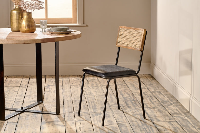 Iswa Leather And Cane Dining Chair - Black - Stable Home Garden