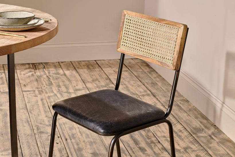 Iswa Leather And Cane Dining Chair - Black - Stable Home Garden