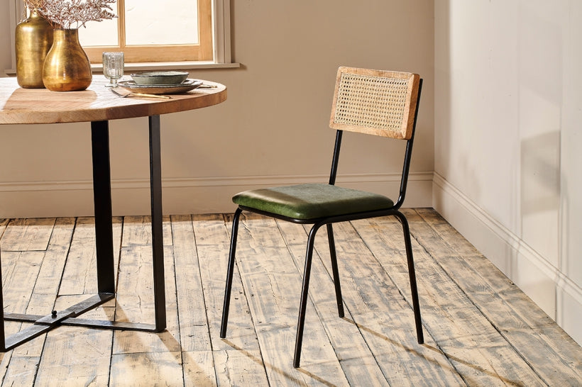Iswa Leather And Cane Dining Chair - Green - Stable Home Garden
