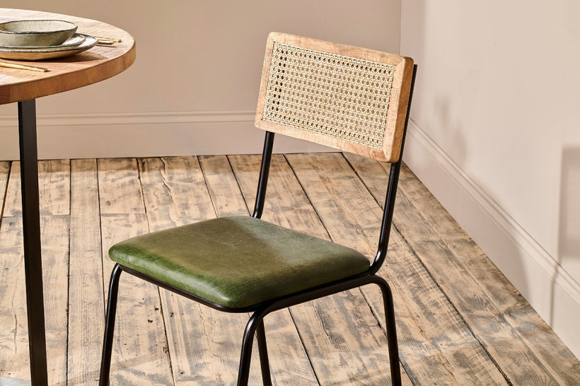 Iswa Leather And Cane Dining Chair - Green - Stable Home Garden