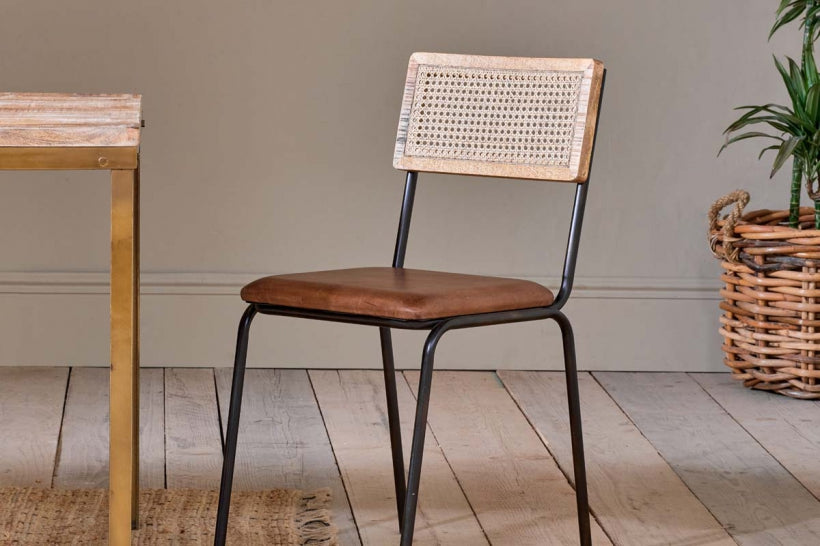 Iswa Leather & Cane Dining Chair - Tan - Stable Home Garden