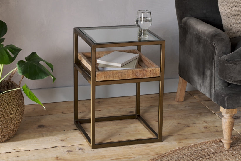 Luzon Iron & Mango Wood Display Side Table - Brass - Stable Home Garden