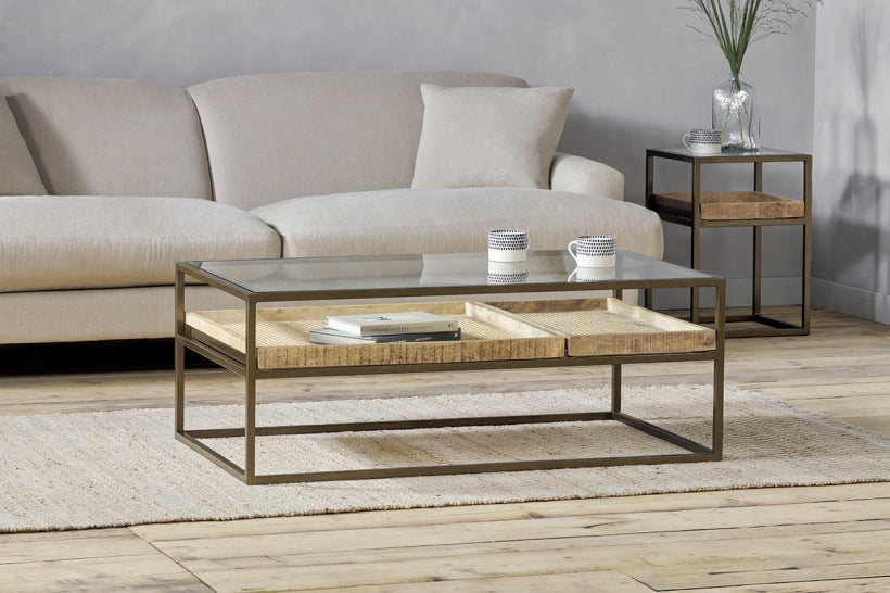 Luzon Iron & Mango Wood Display Coffee Table - Brass - Stable Home Garden