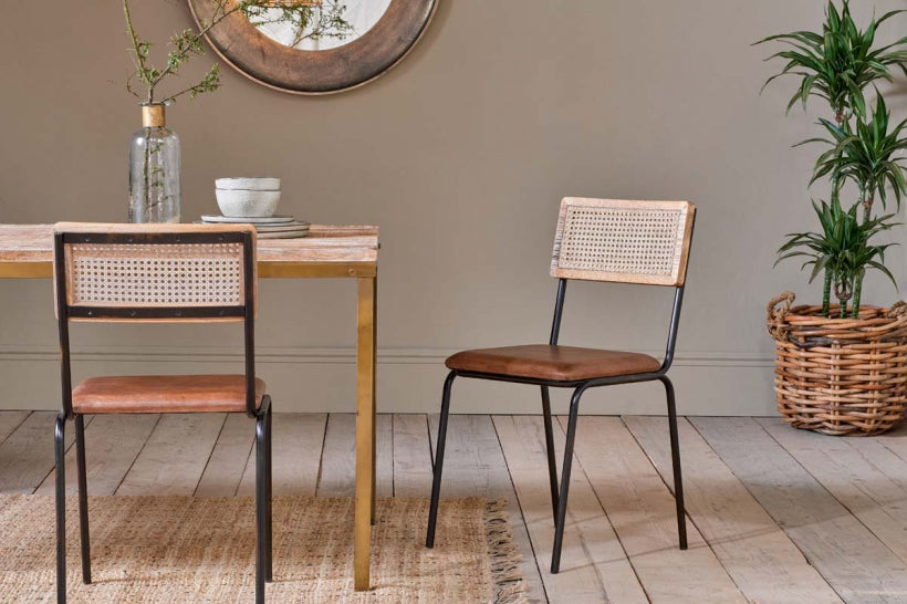 Iswa Leather & Cane Dining Chair - Tan - Stable Home Garden